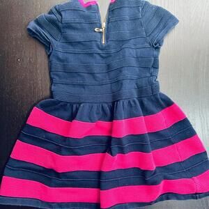 Blue and Pink Fit and Flare Dress with Plunge Neckline